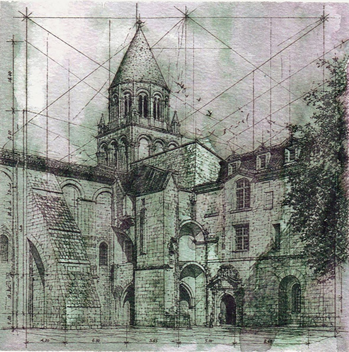 Architectural study of Abbaye Aux Dames, Saintes, France, by Gerald Allen Knowles