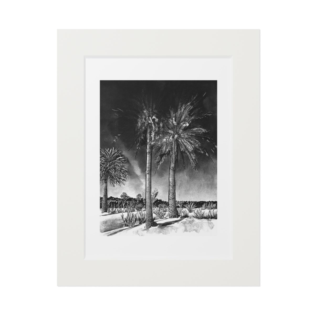 Black and white art print of Canary palms against a dark night sky in Fuerteventura, drawn in ink