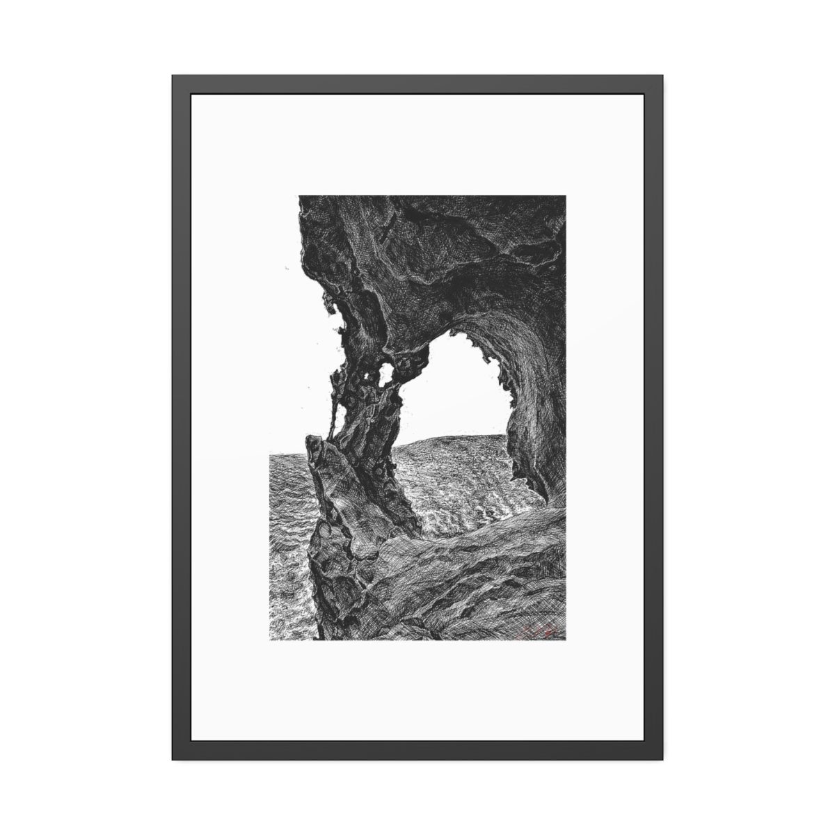 Monochrome ink art print of an eroded volcanic rock gateway on the Fuerteventura coastline, Canary Islands